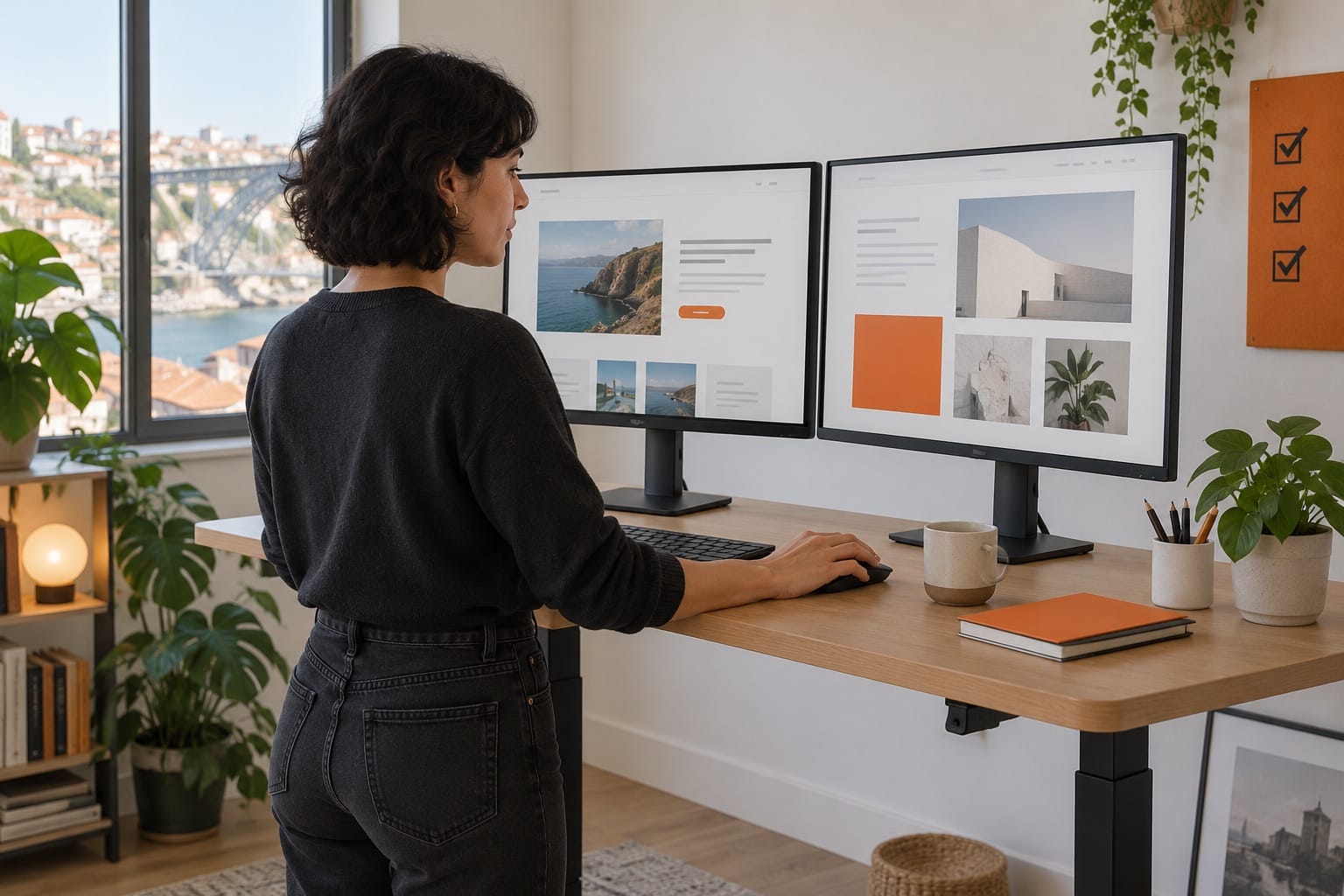 Programadora a comparar uma alteração em dois ecrãs num ambiente de teste.