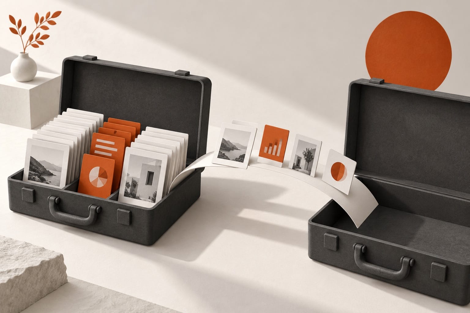 Páginas, imagens e dados organizados para transferência entre dois arquivos.