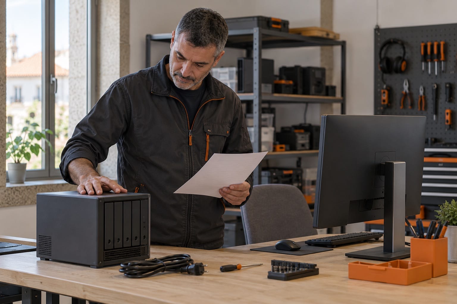Técnico a avaliar o equipamento e o diagnóstico antes de mudar o alojamento.