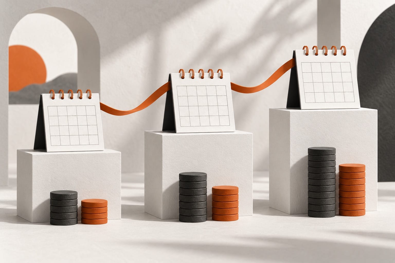 Três calendários ligados por uma linha de custos ao longo do tempo.
