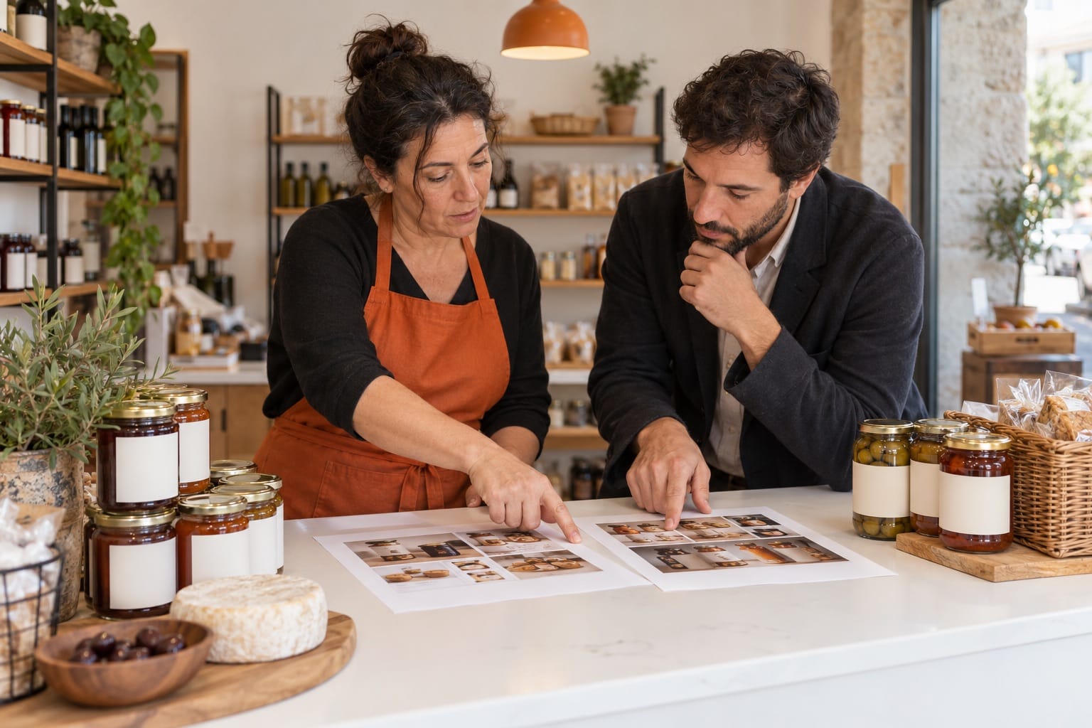 Comerciante e consultor a comparar dois percursos de compra para a loja.
