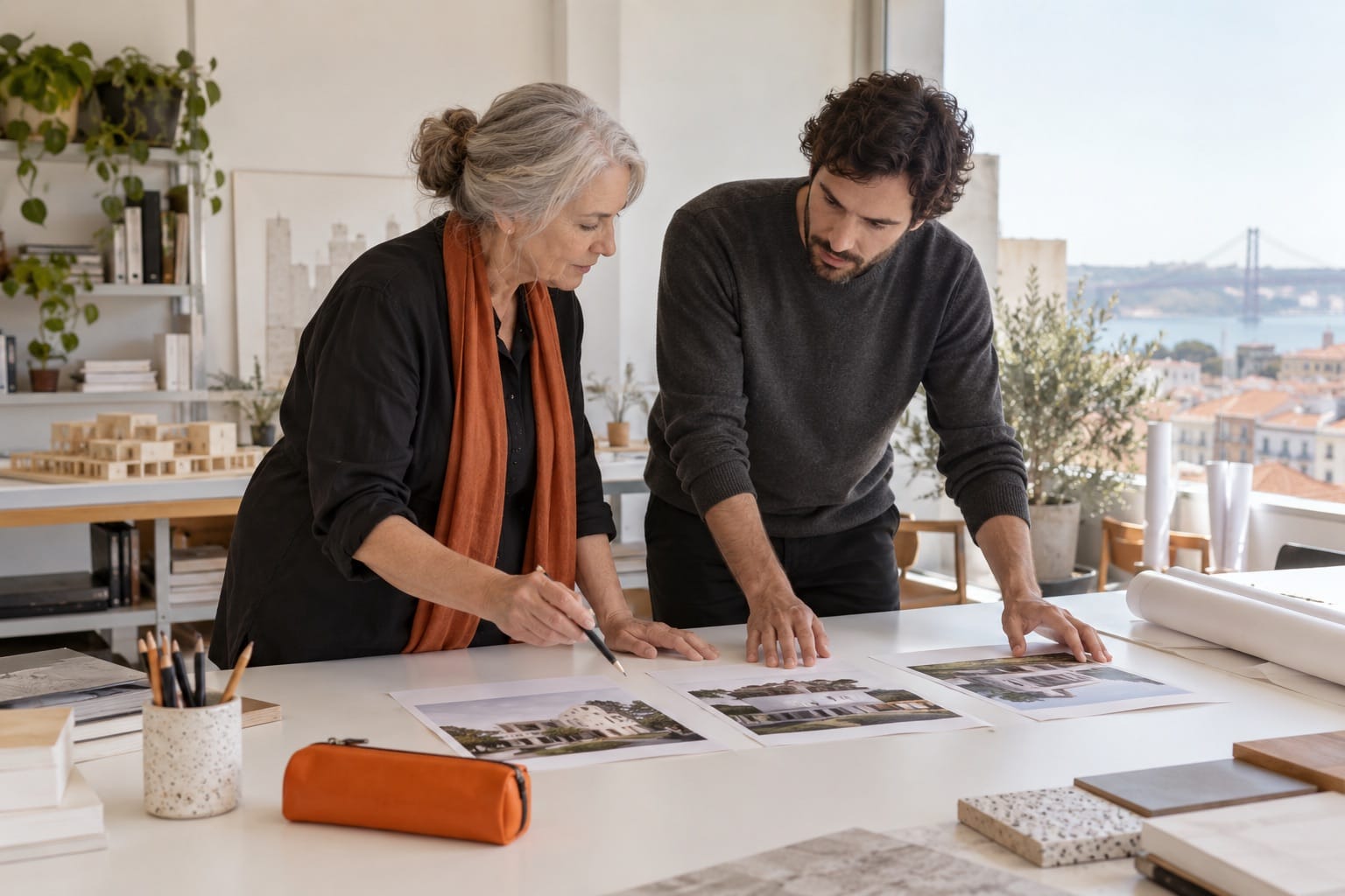 Equipa de arquitetura a organizar a apresentação dos seus serviços.