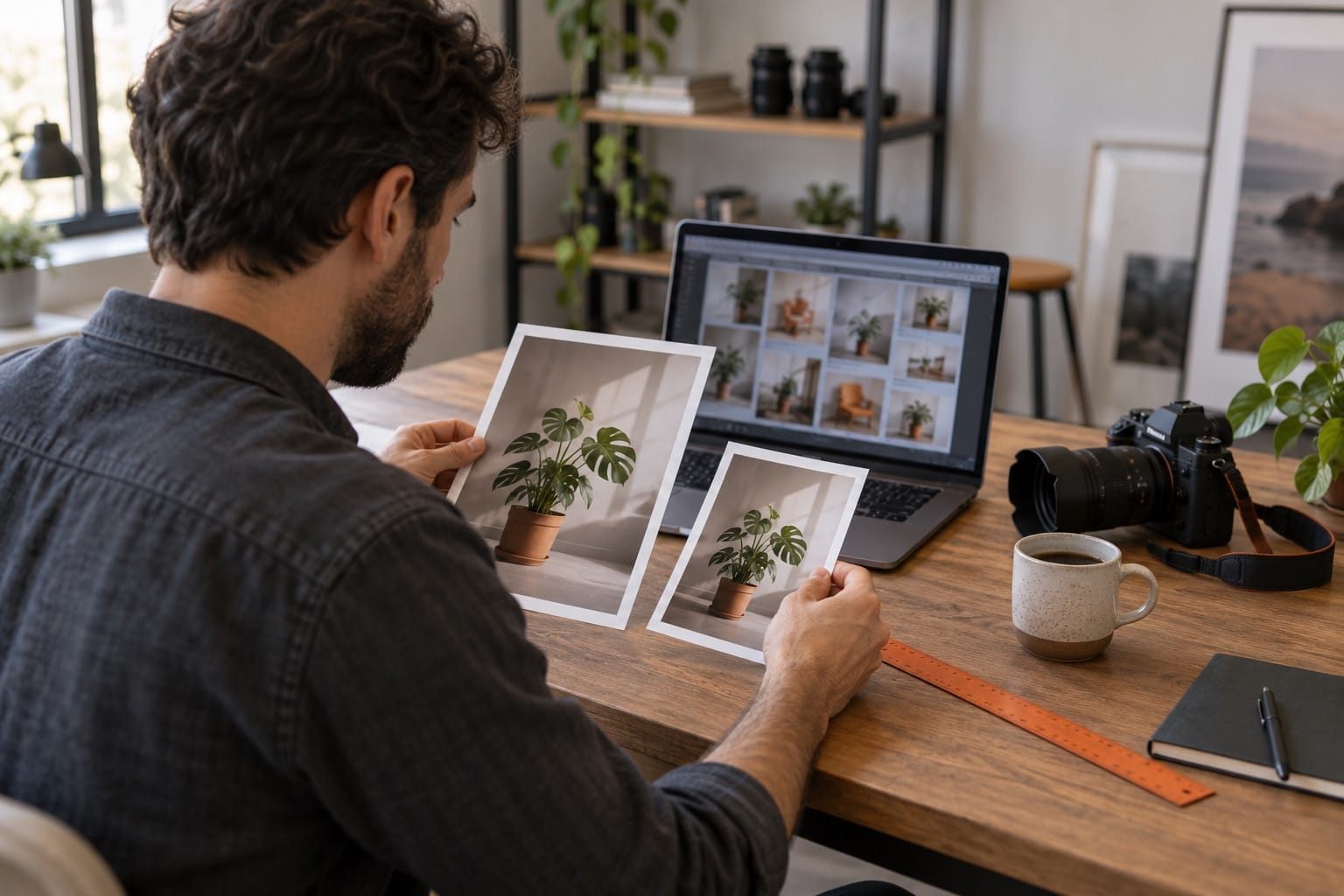 Fotógrafo a comparar dimensões e qualidade de imagens antes de as colocar no site.