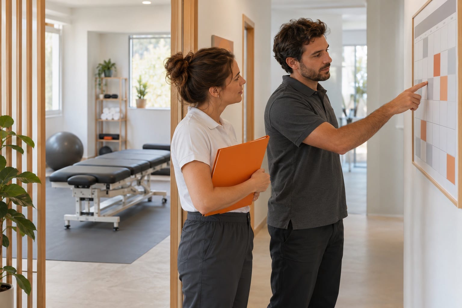 Equipa de um espaço de serviços a organizar horários e disponibilidade para marcações.