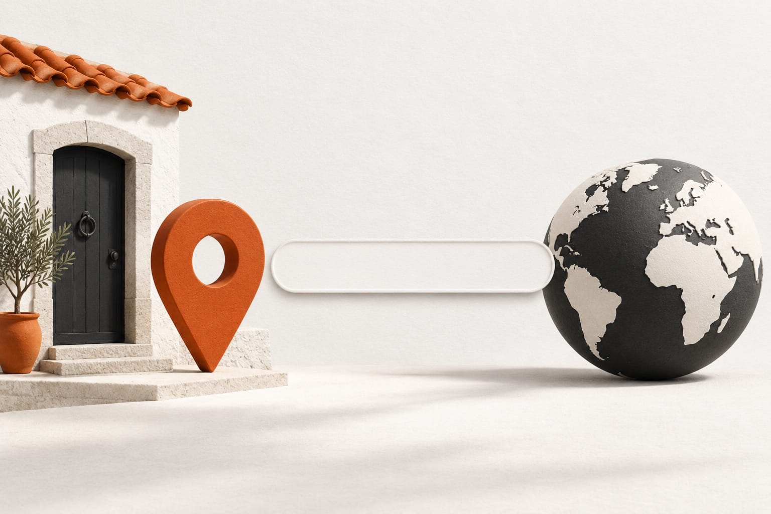 Um sinal de localização e um globo representam públicos local e internacional.