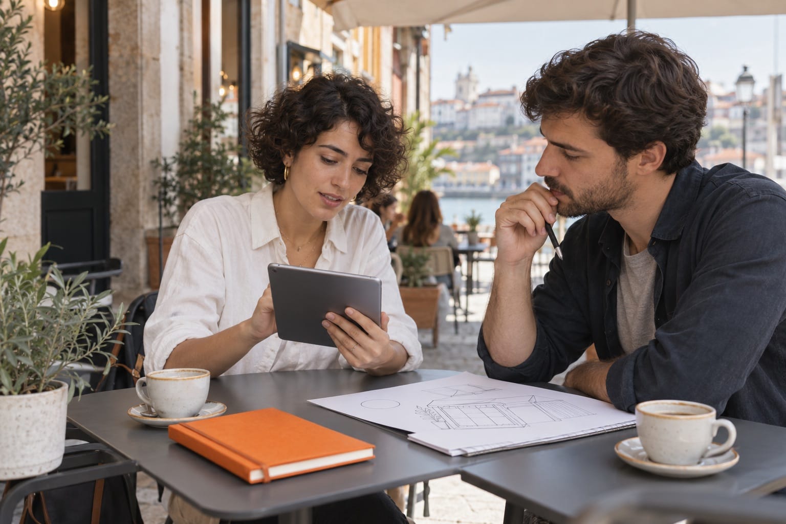 Empreendedores a verificar um nome para o negócio e a disponibilidade do domínio.