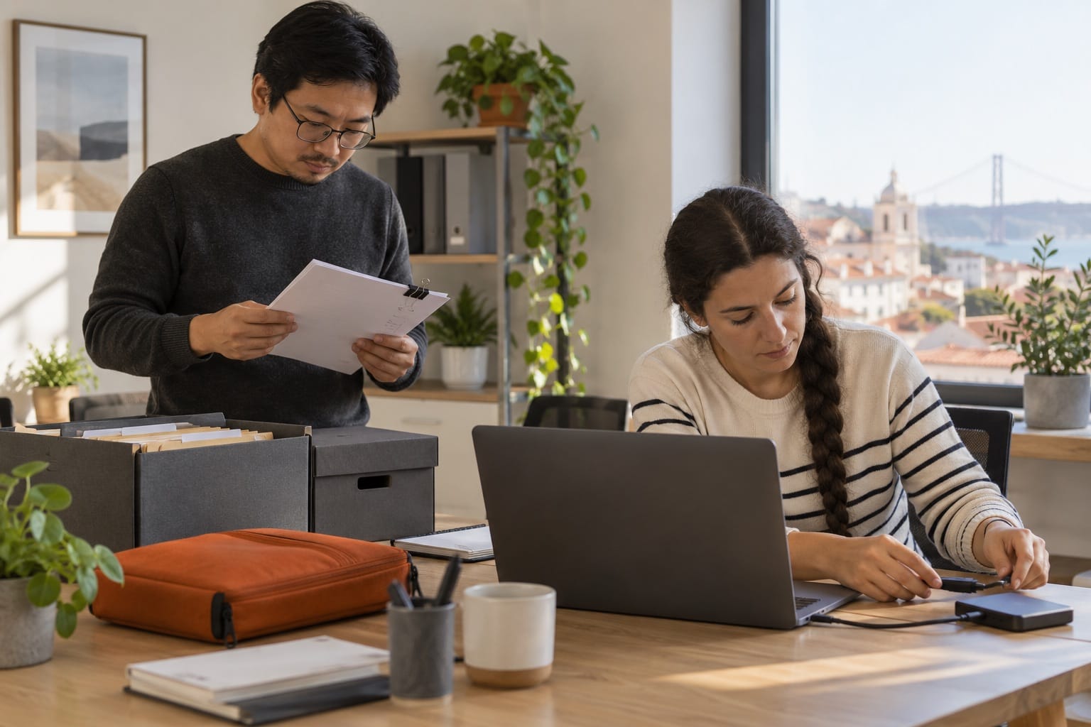 Dois técnicos a preparar arquivos e contas para uma migração de email.