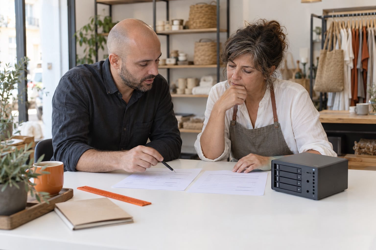 Consultor e empresária a comparar requisitos e propostas de alojamento.