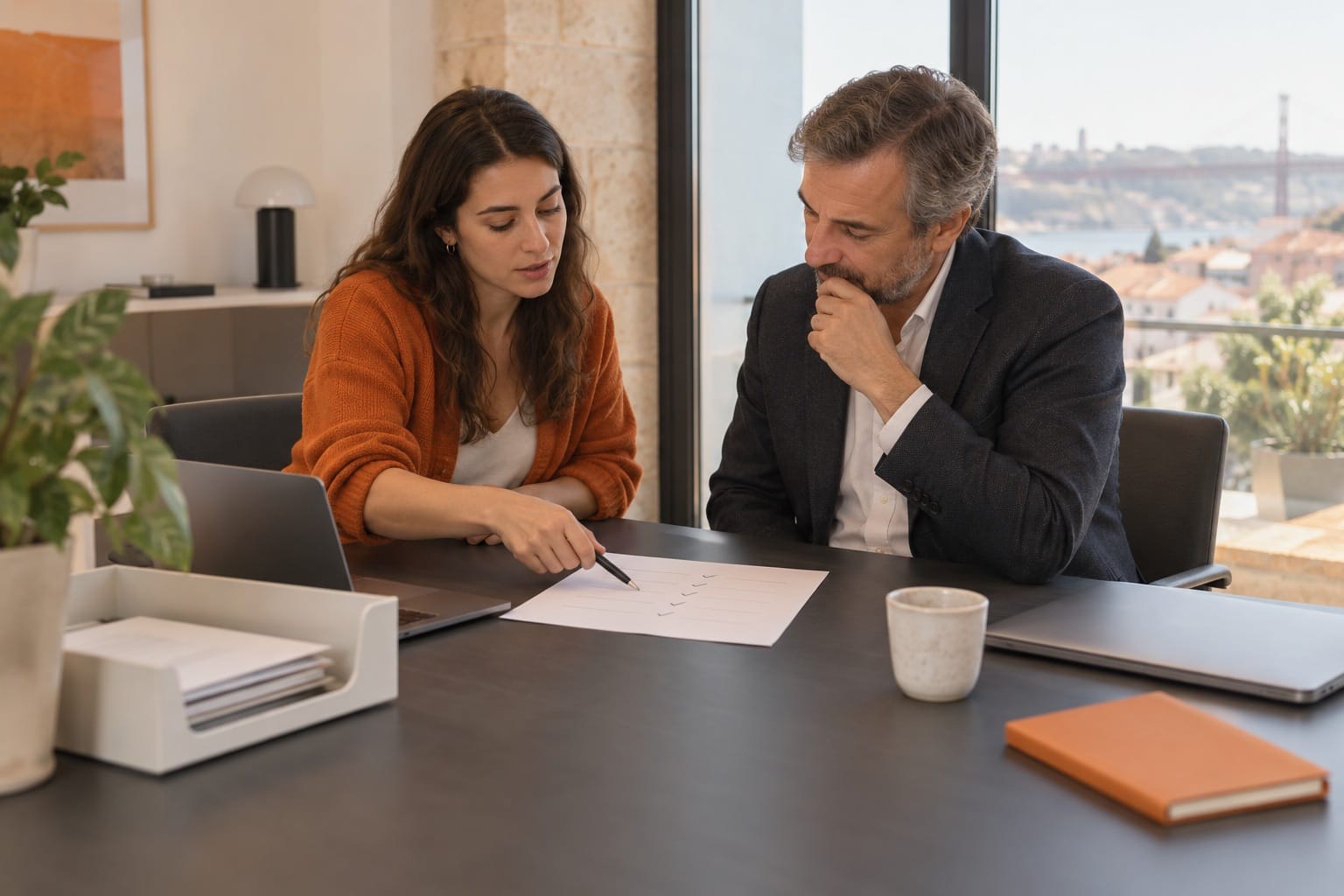 Consultora e empresário a confirmar as tarefas incluídas numa migração.