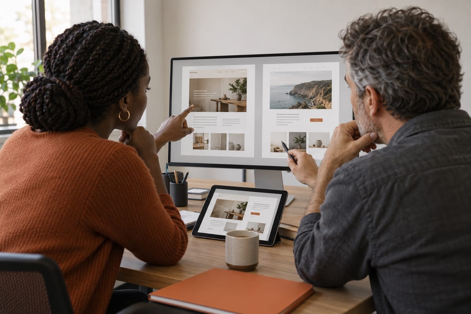 Consultora e empresário a comparar opções num ecrã e num tablet.