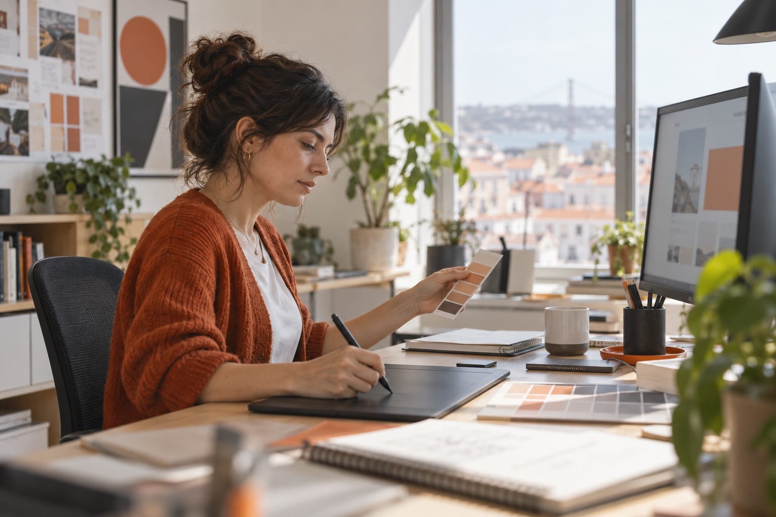Designer a trabalhar numa página com uma mesa digitalizadora e amostras de cor.