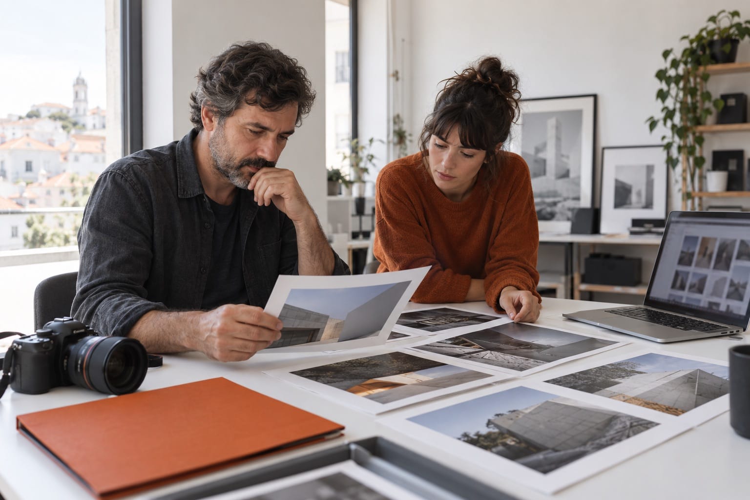 Dois criativos a selecionar fotografias para um portefólio.