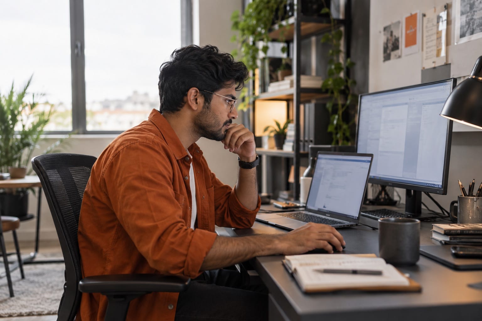 Técnico a acompanhar a manutenção de um site em dois ecrãs.