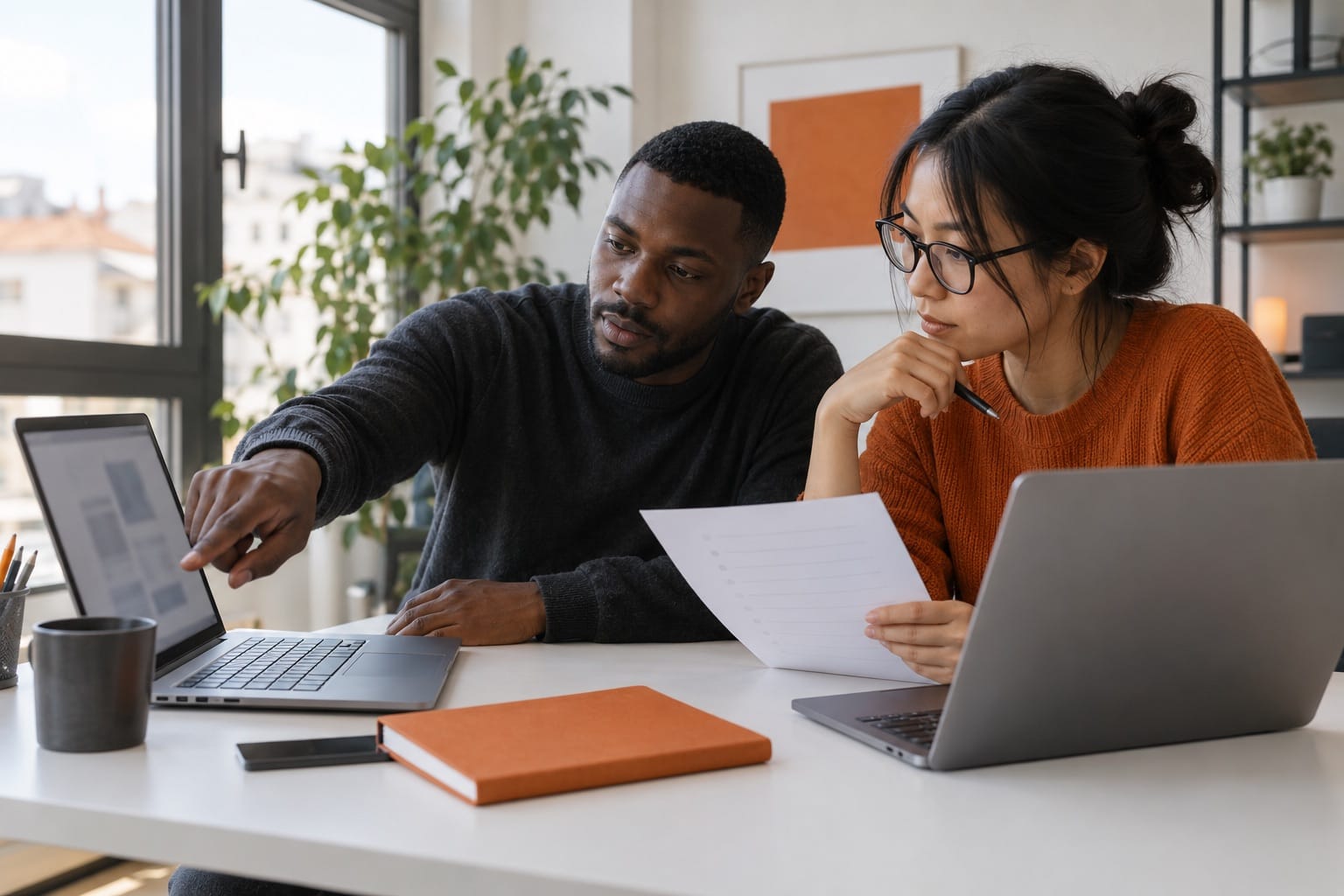 Dois técnicos a coordenar uma mudança entre computadores.