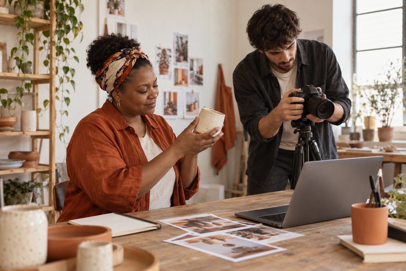 Empresária e fotógrafo a preparar imagens para um site.