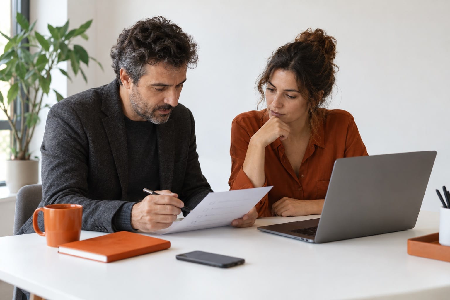 Dois profissionais a rever uma lista de verificação de dados e serviços.