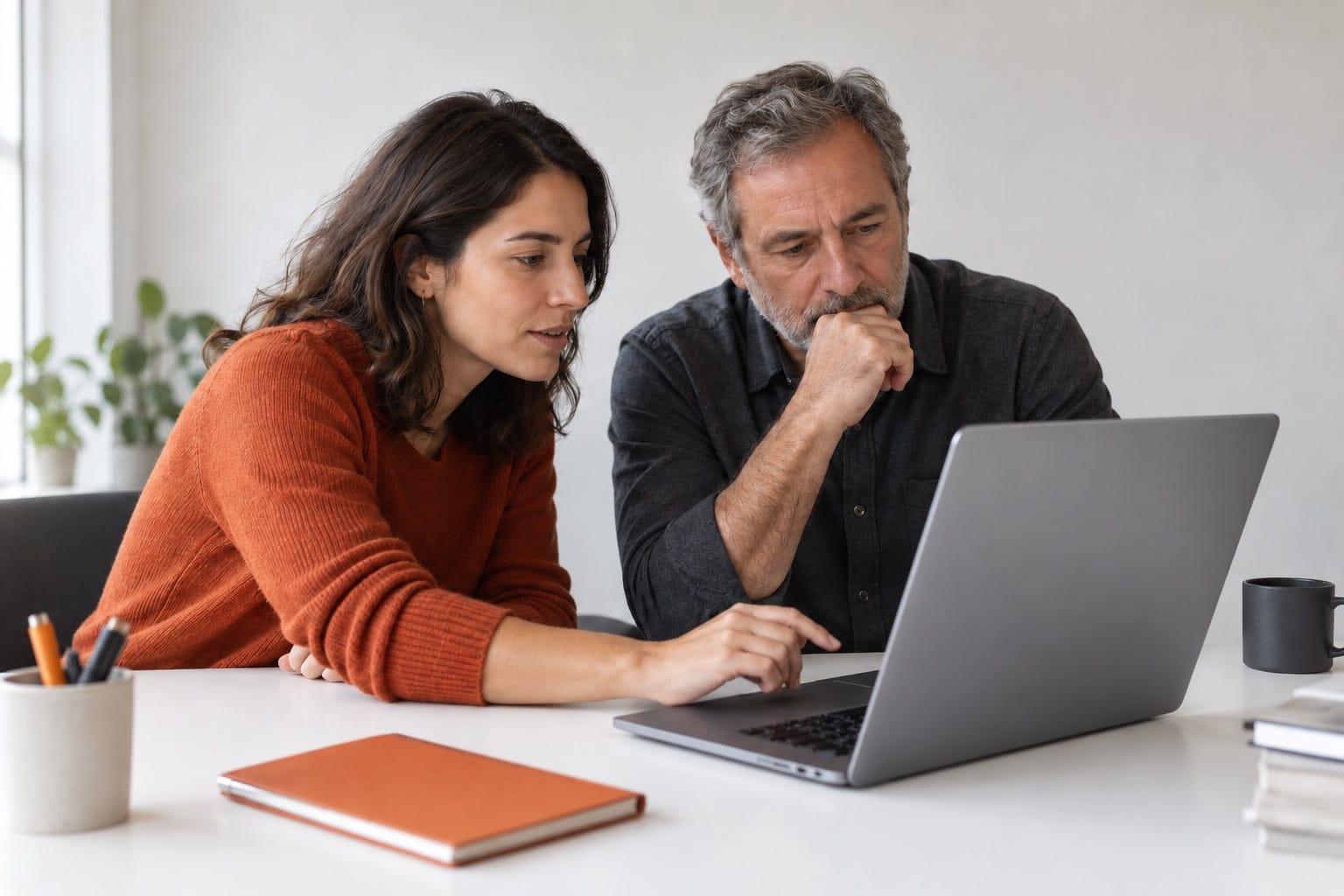 Empresária e analista a rever uma página no computador.
