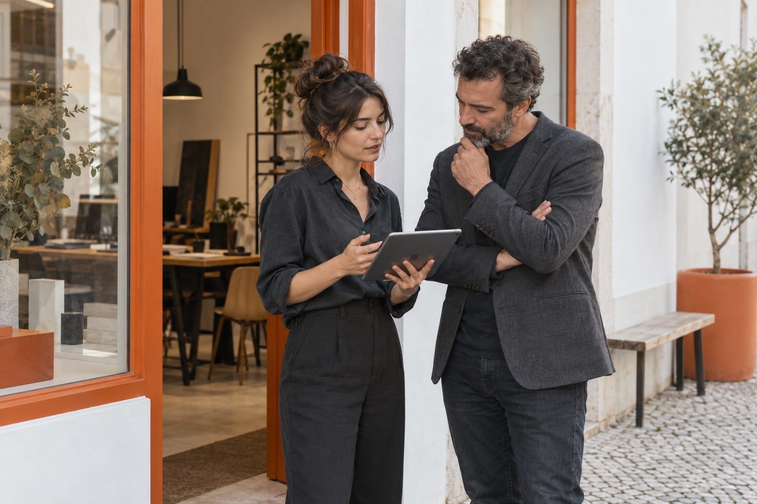 Empresária e consultor a conversar sobre o site junto de uma loja.