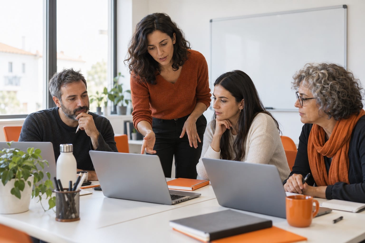 Formadora a acompanhar um grupo de adultos numa sessão com computadores.